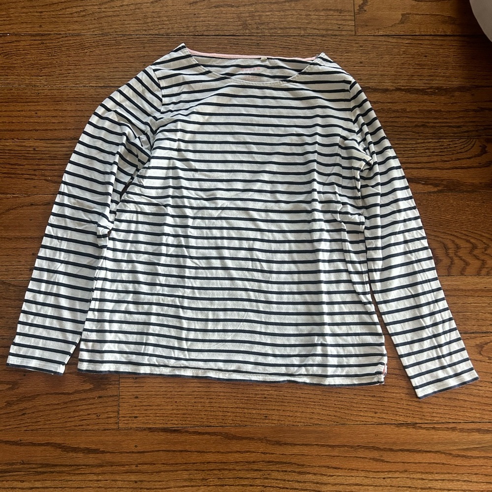 Boden, size 12, white and dark blue stripes, long sleeved shirt